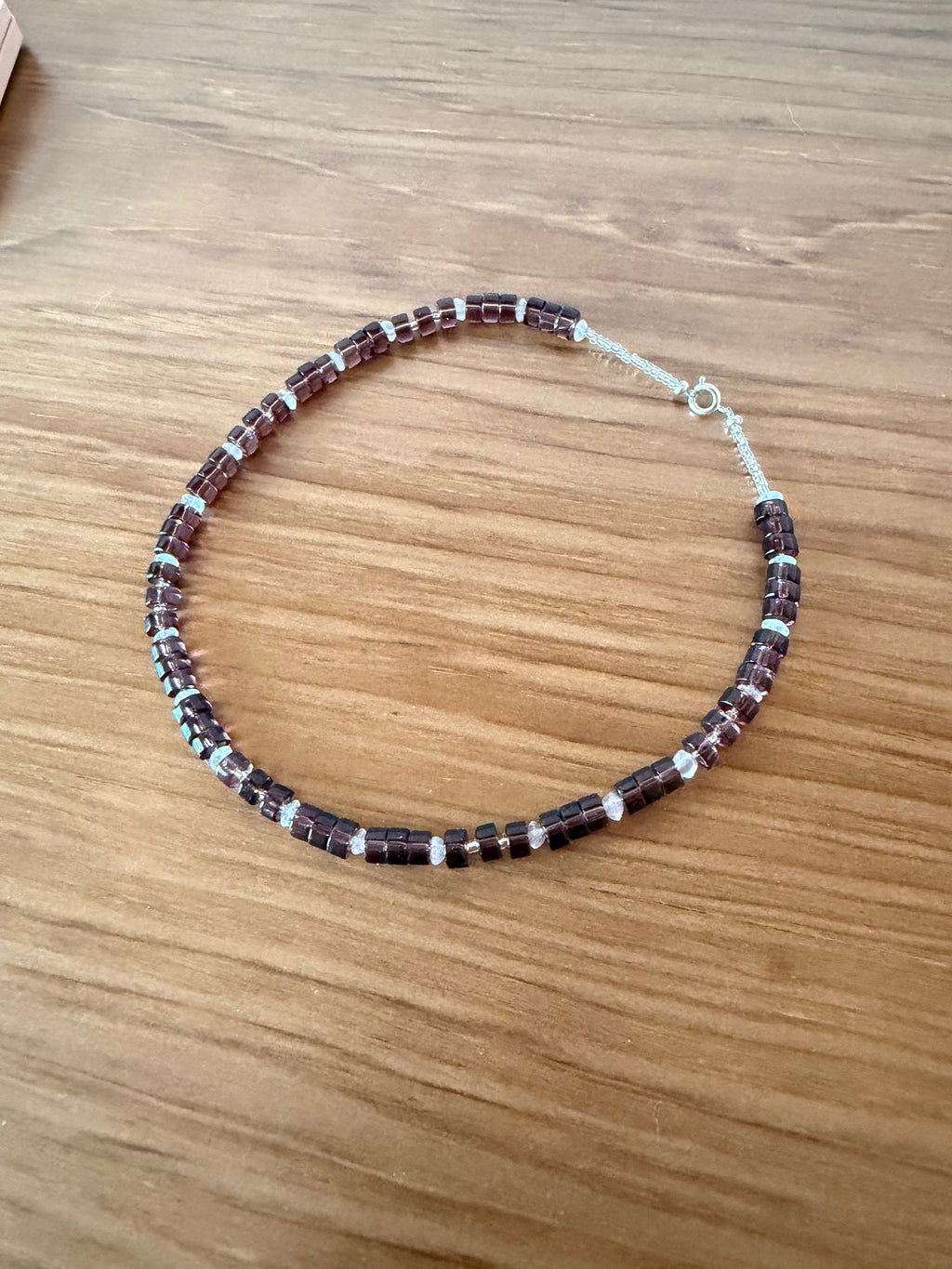 Rose quartz & mauve glass disk necklace