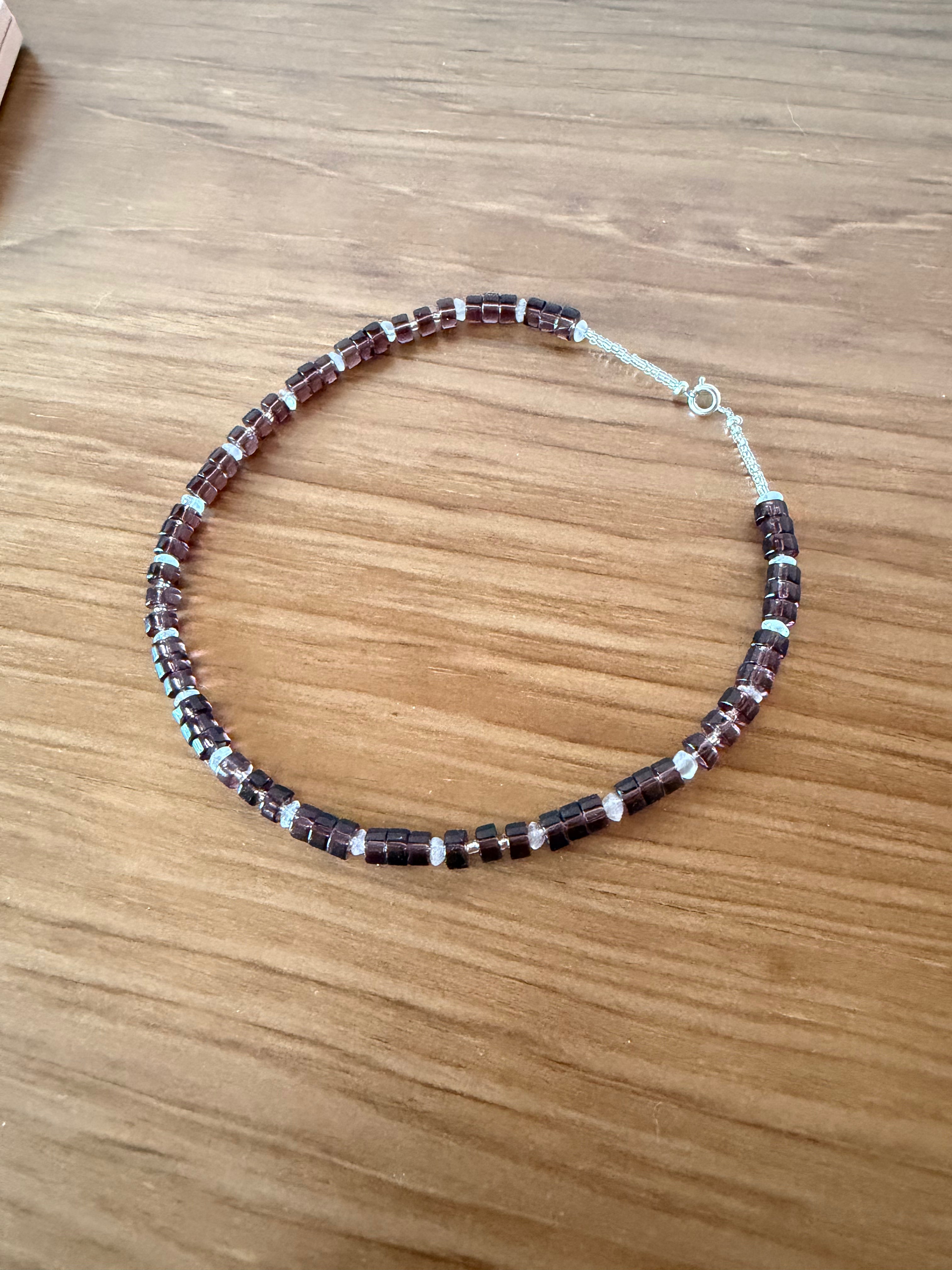Rose quartz & mauve glass disk necklace