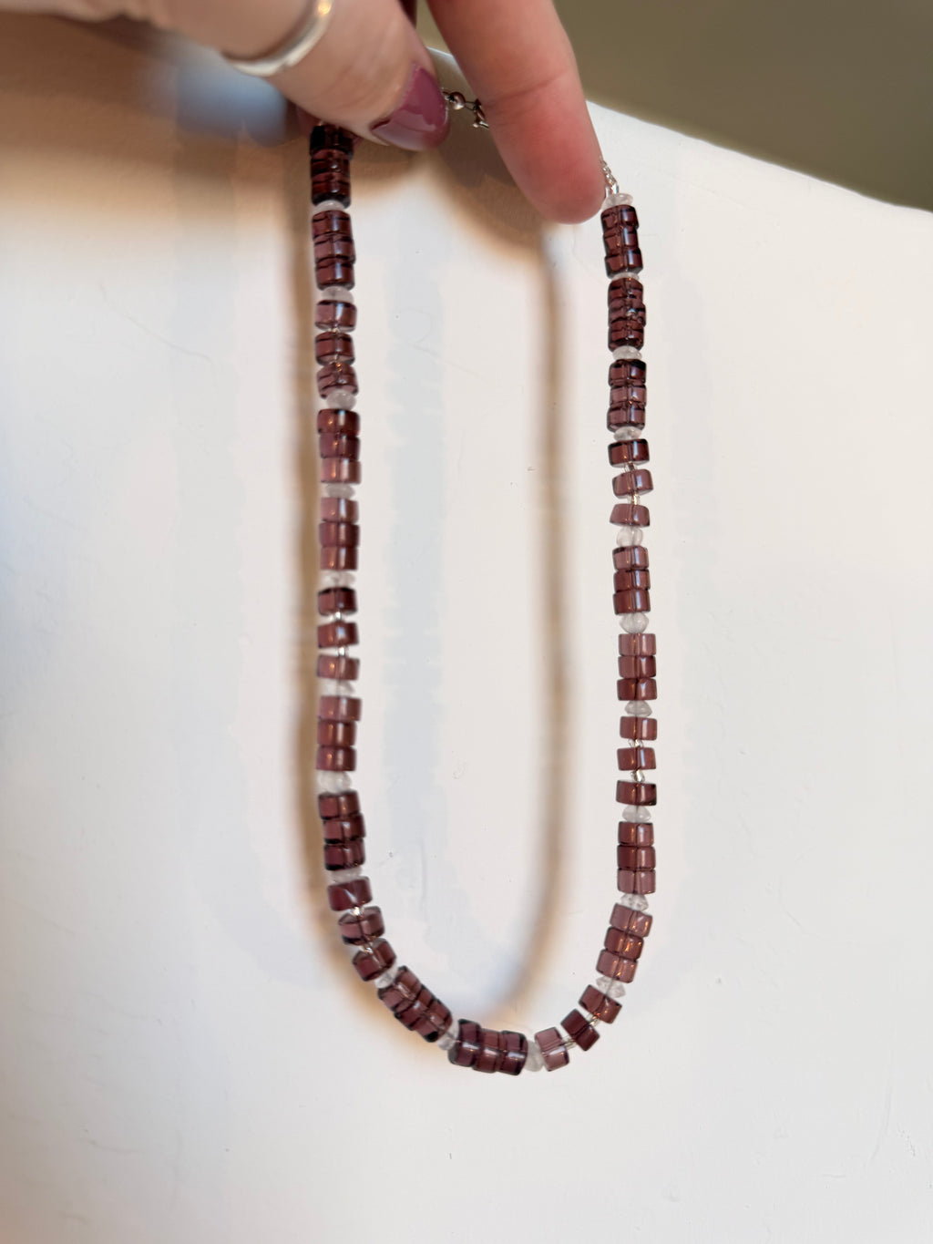 Rose quartz & mauve glass disk necklace