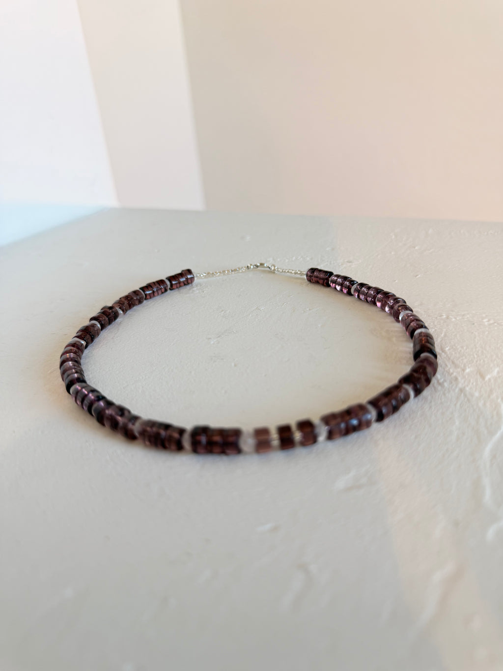 Rose quartz & mauve glass disk necklace