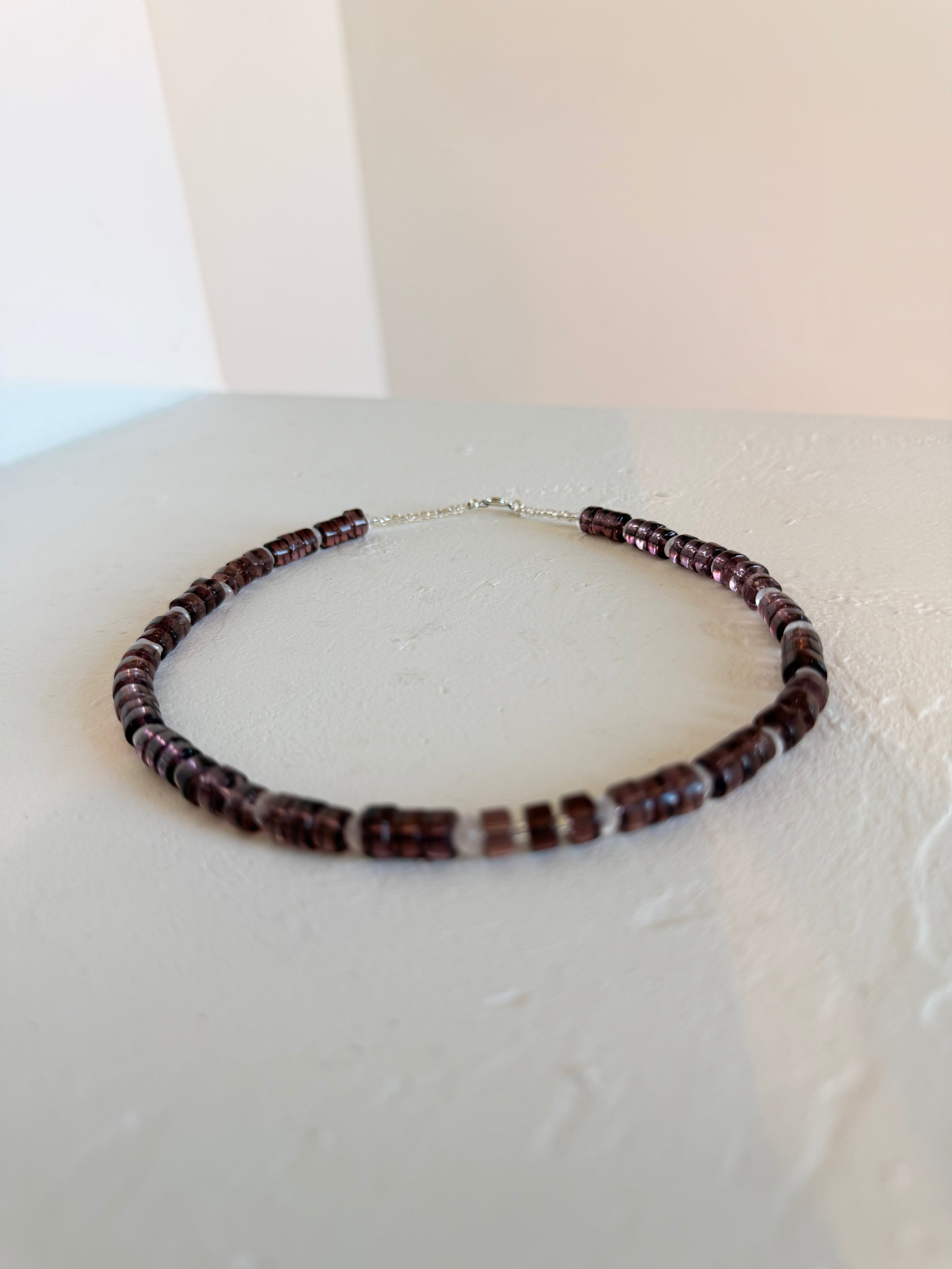 Rose quartz & mauve glass disk necklace