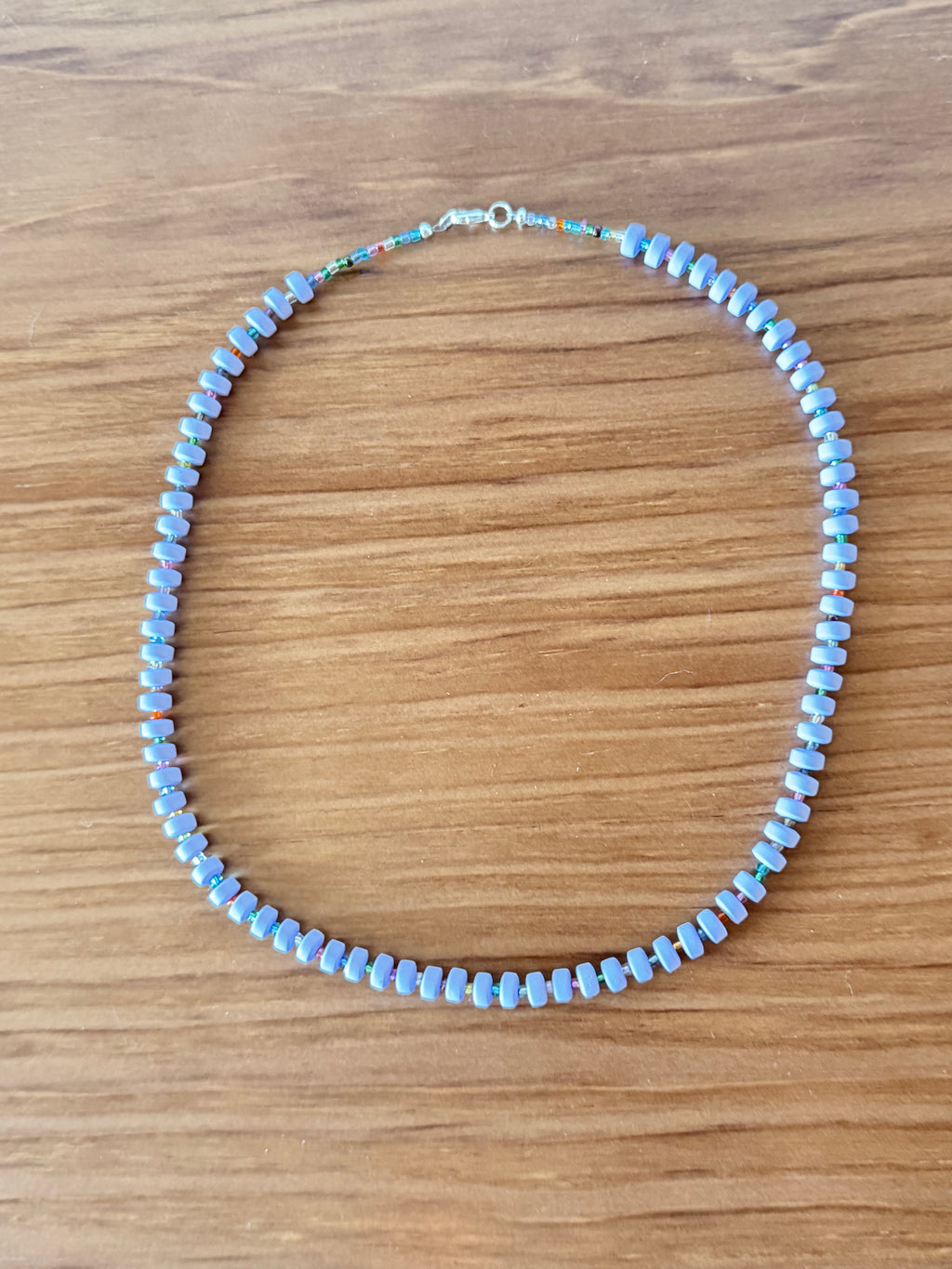 Lavender disc & rainbow seed bead necklace