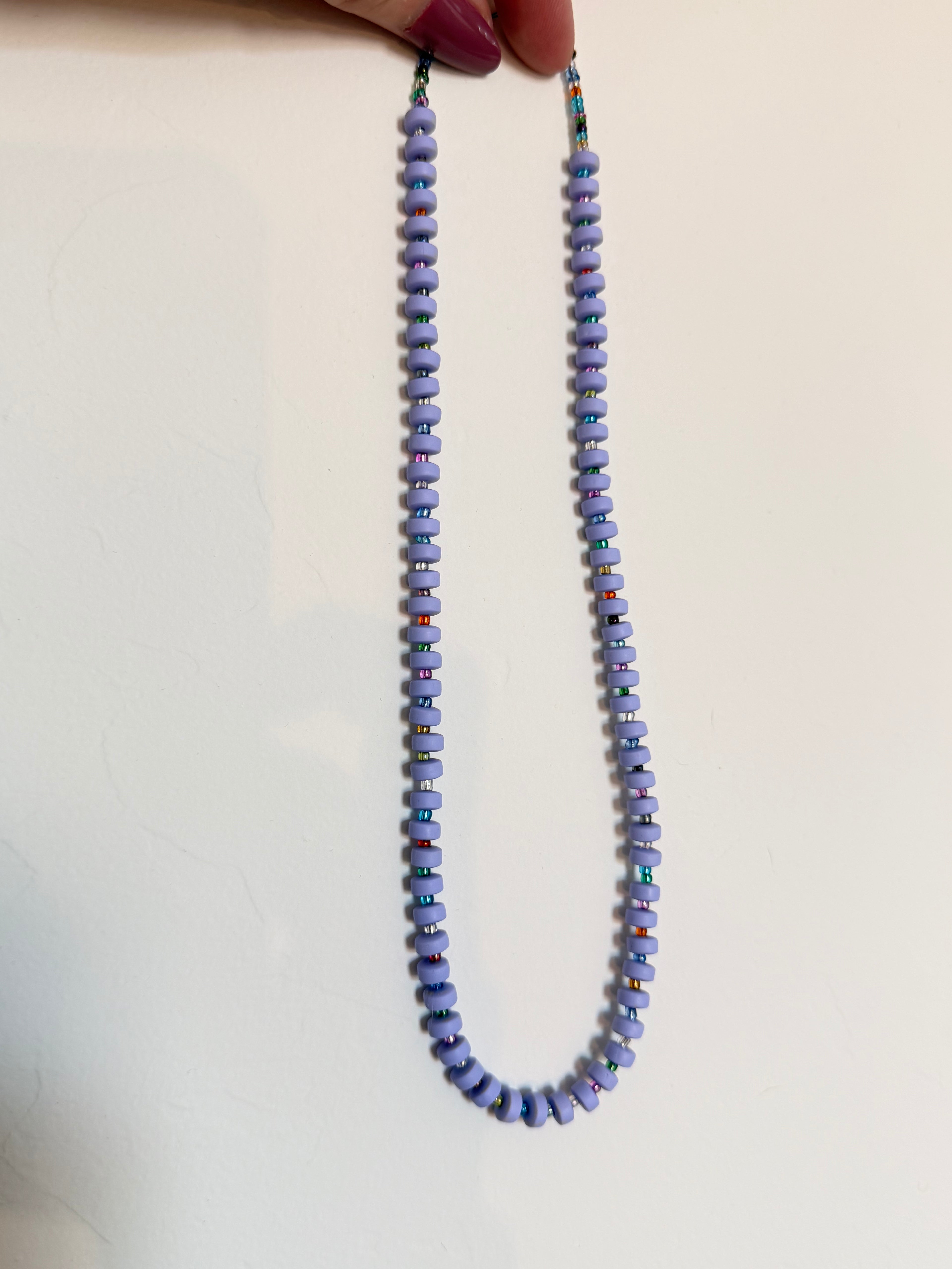 Lavender disc & rainbow seed bead necklace