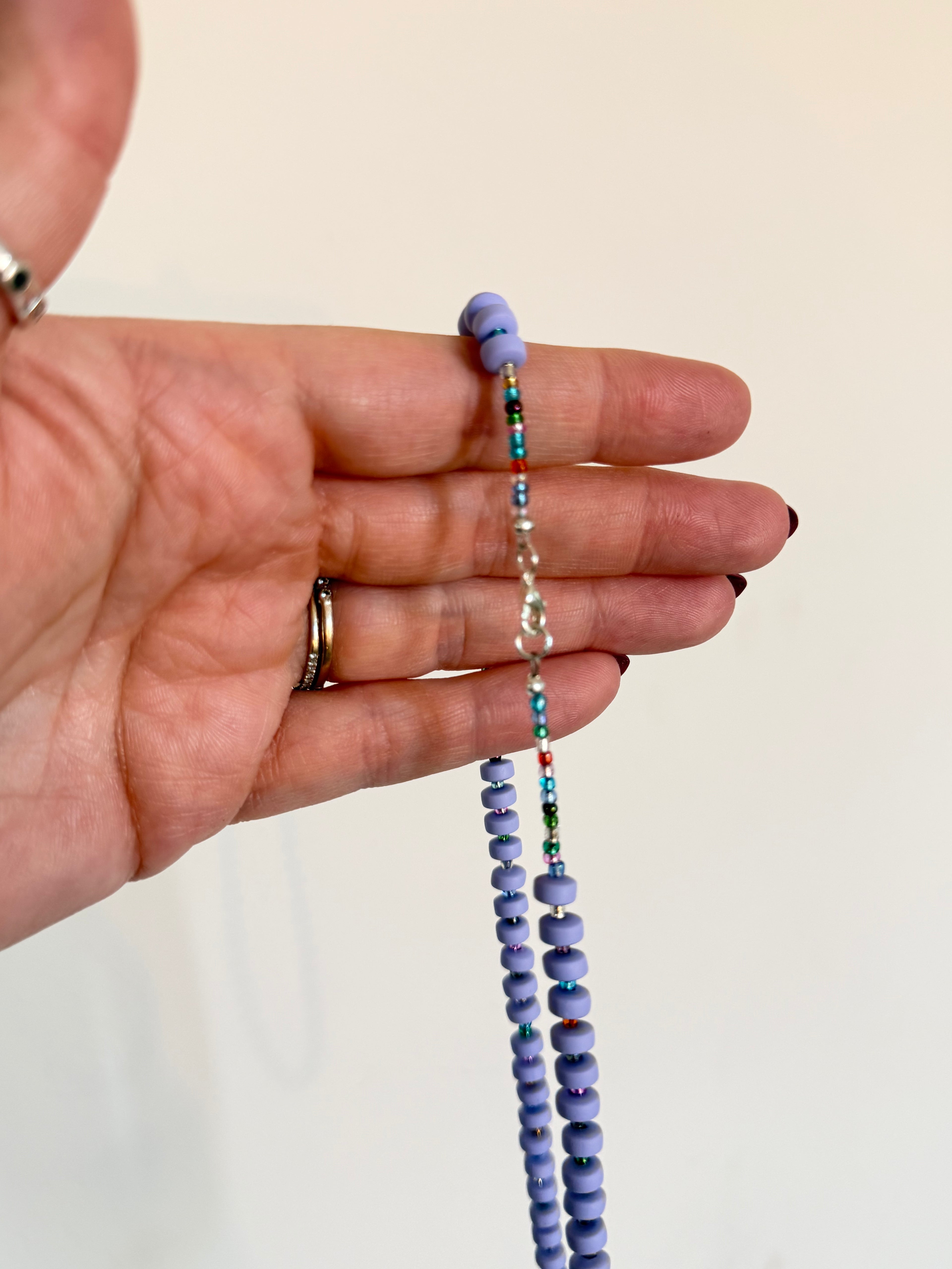 Lavender disc & rainbow seed bead necklace