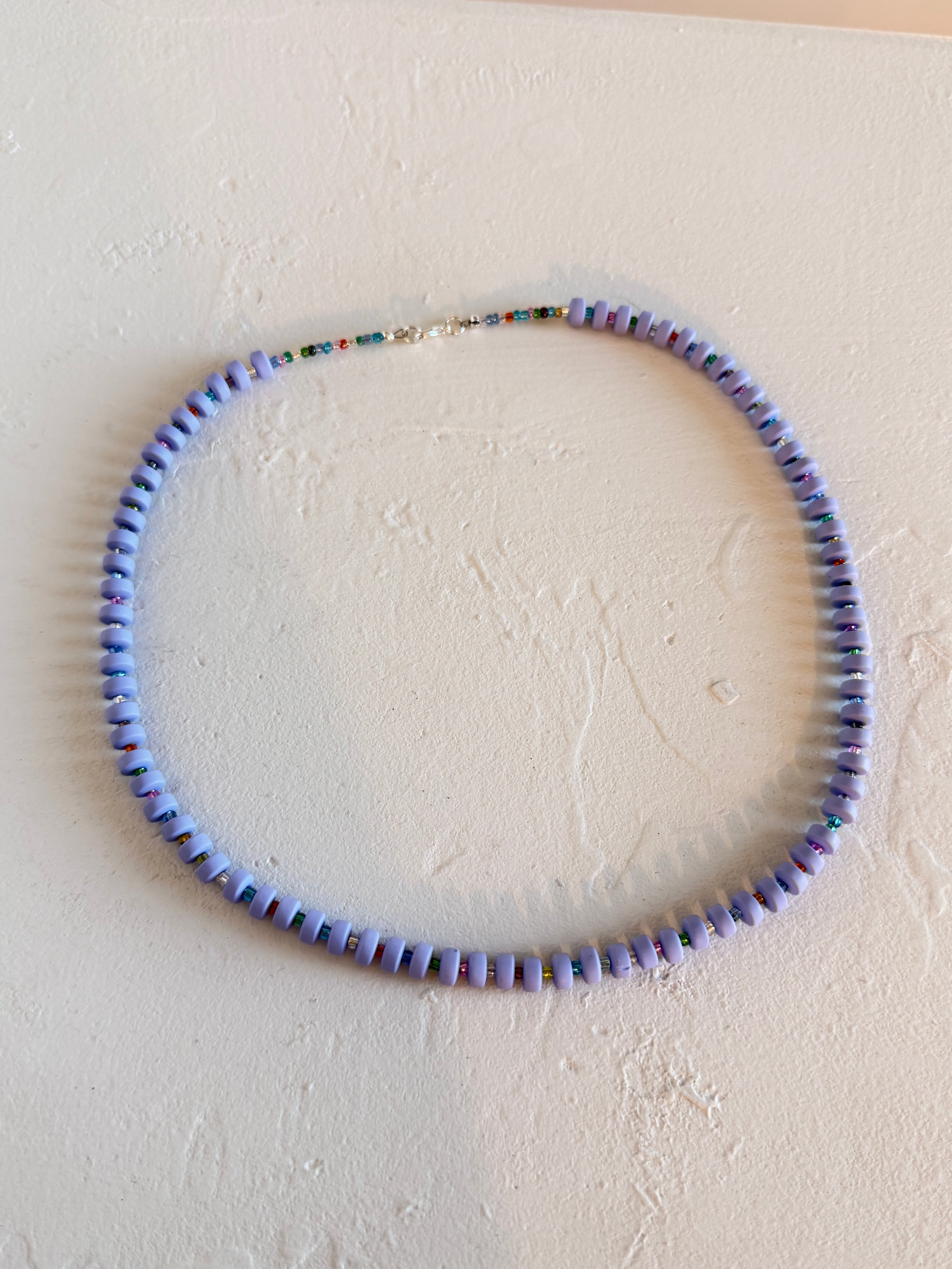 Lavender disc & rainbow seed bead necklace