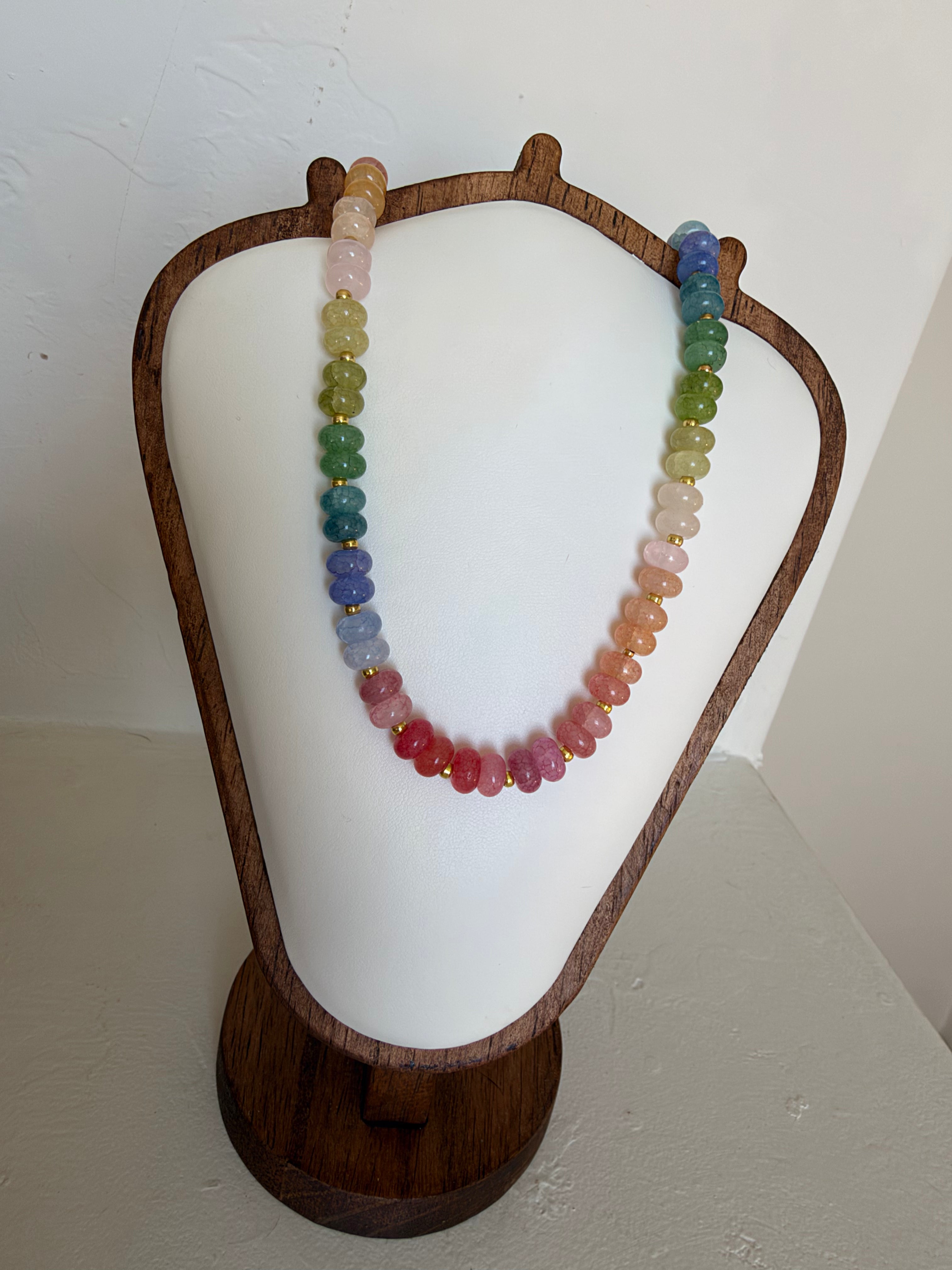 Pastel rainbow crackle glass rondelle necklace