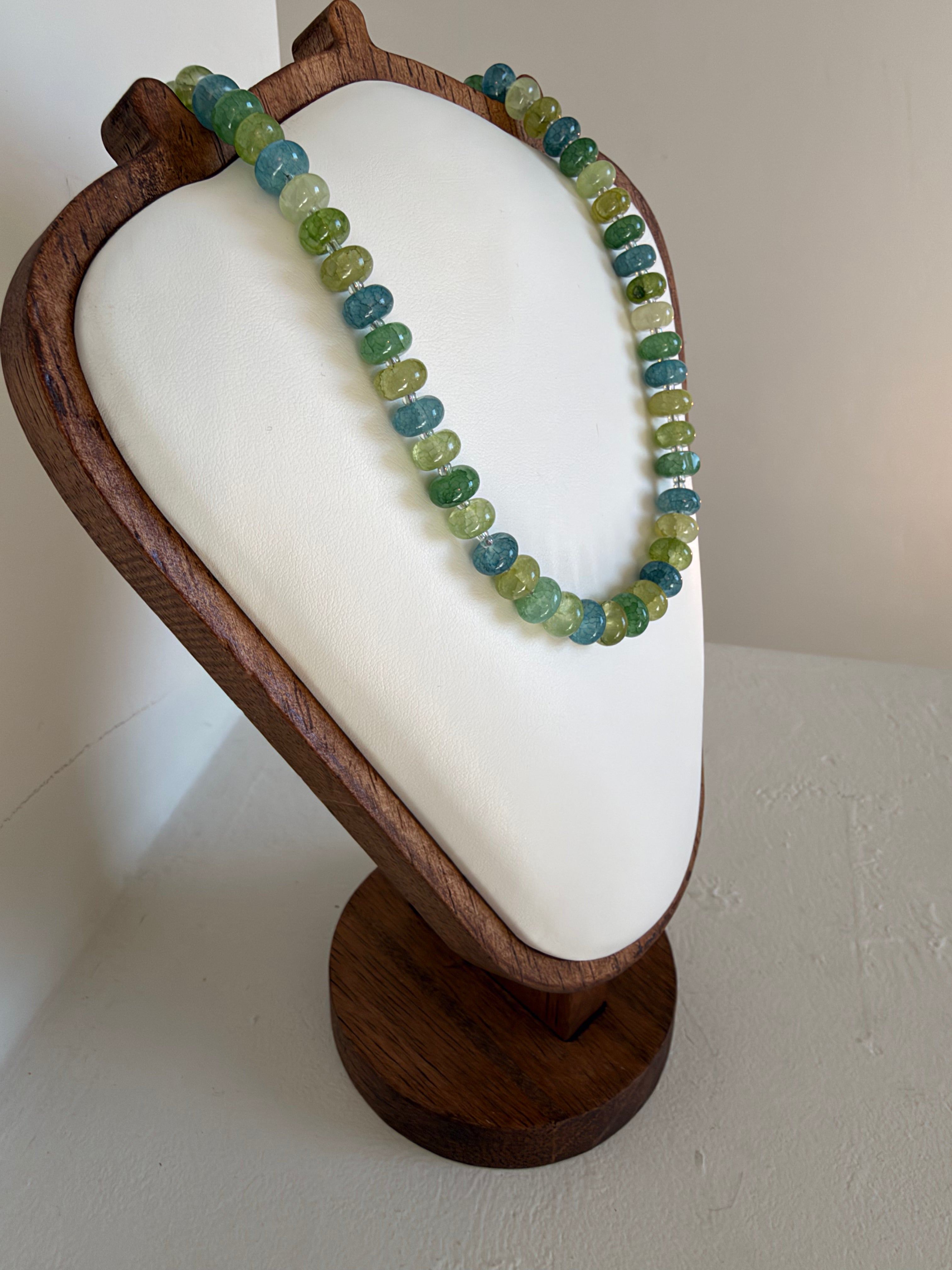 Sea glass green & blue crackle rondelle necklace