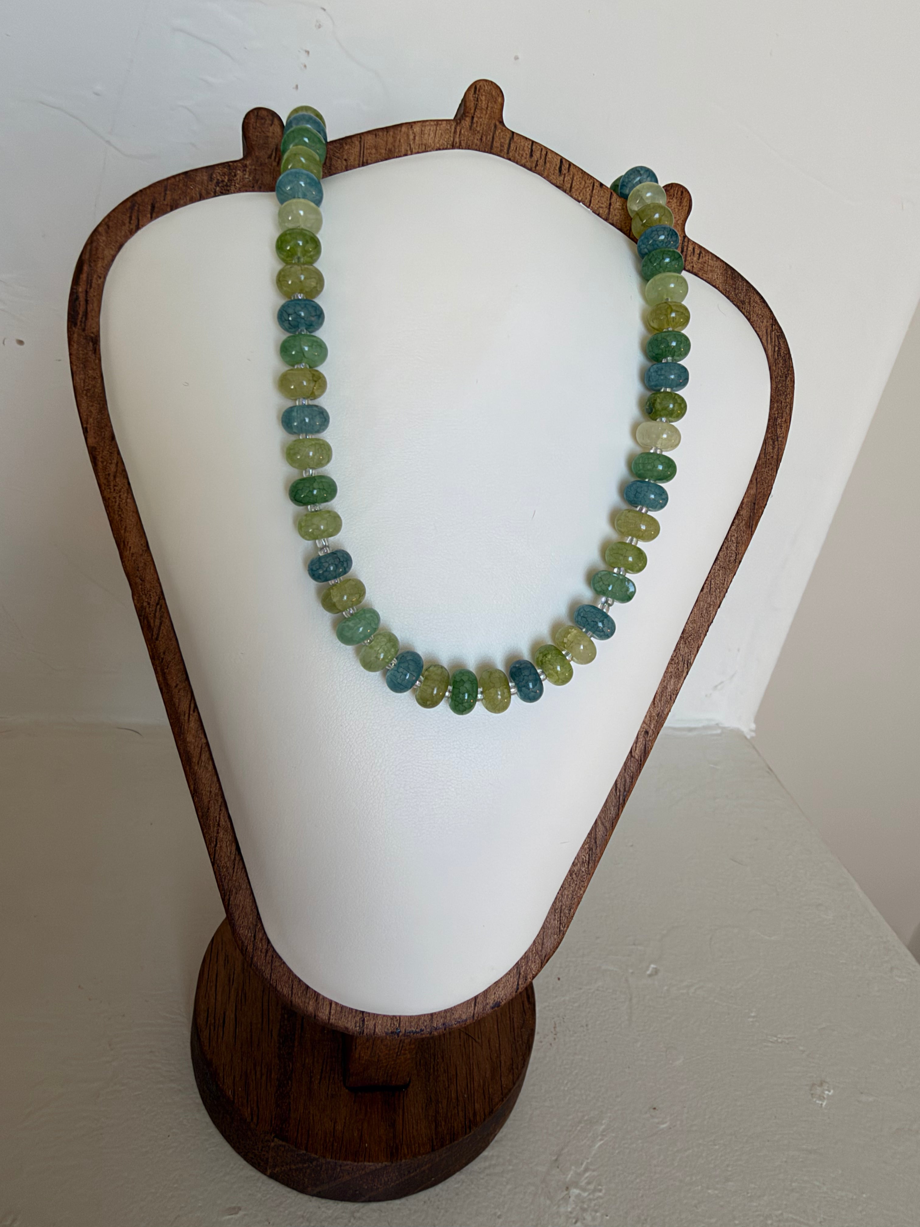 Sea glass green & blue crackle rondelle necklace