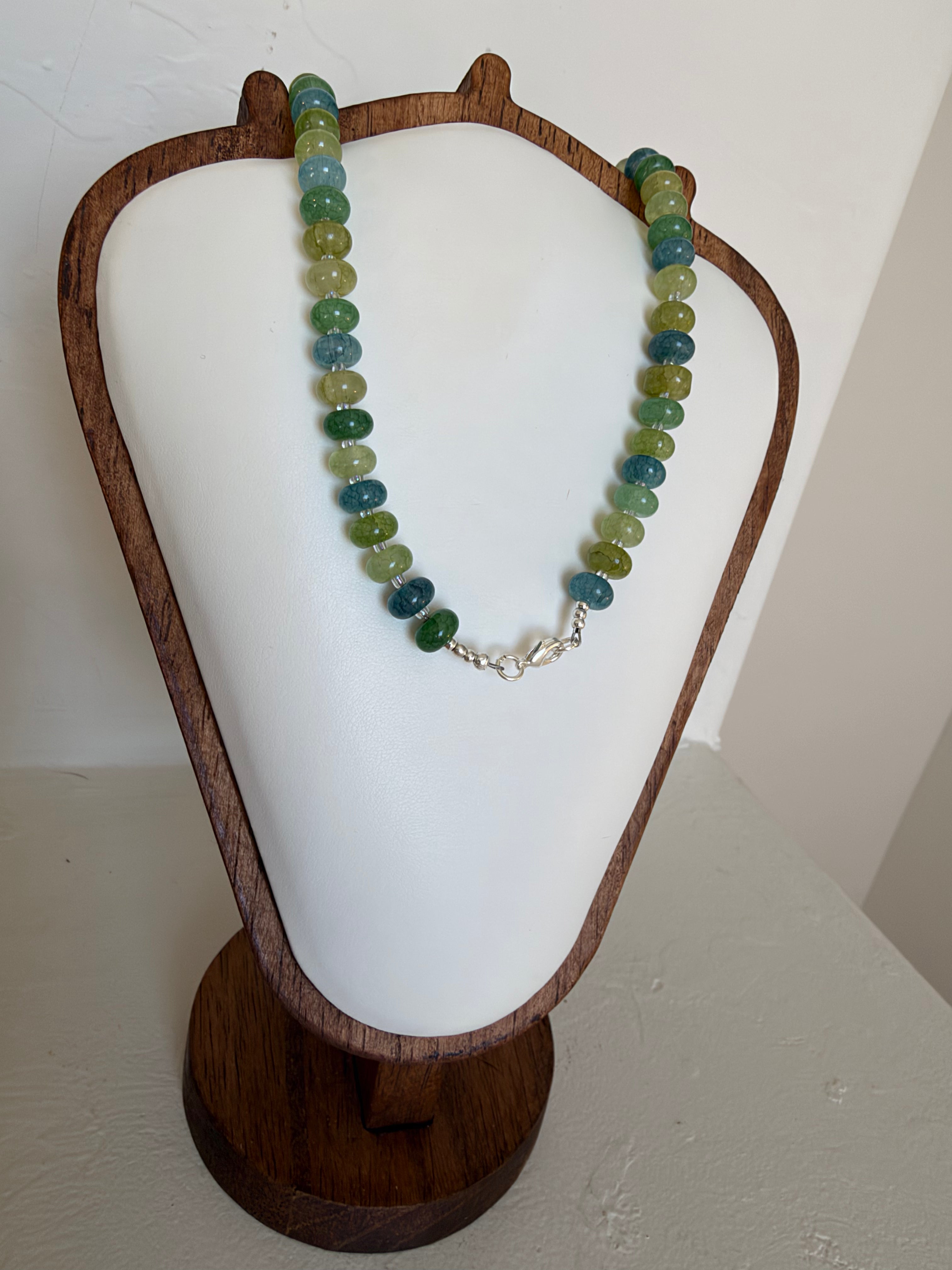 Sea glass green & blue crackle rondelle necklace