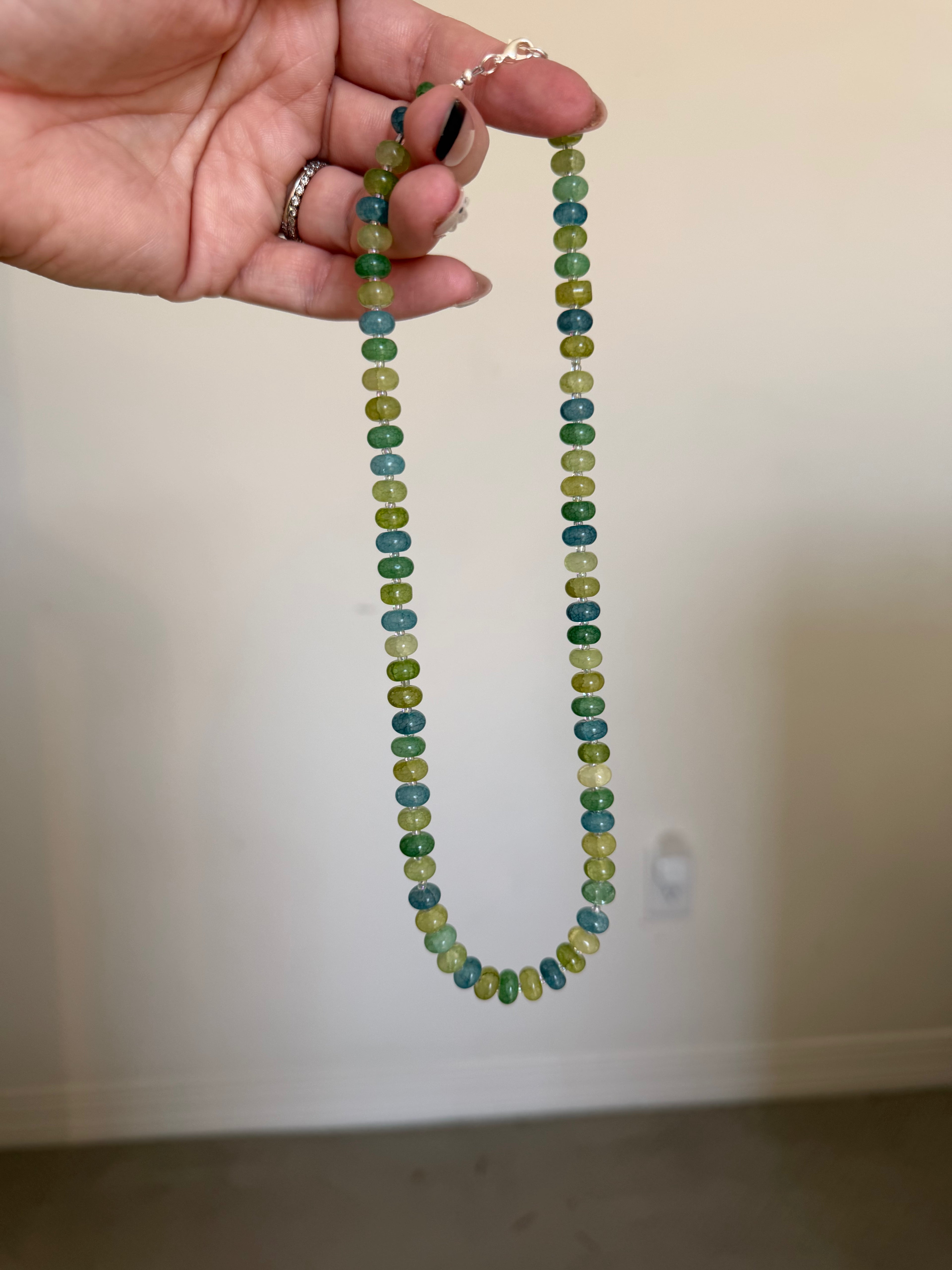 Sea glass green & blue crackle rondelle necklace